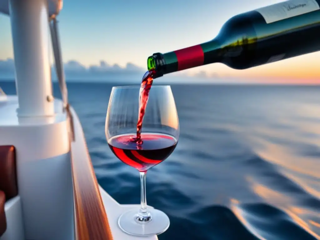 Un sommelier vierte con gracia vino tinto en un lujoso yate al atardecer en alta mar, ideal para catas de vinos en cruceros