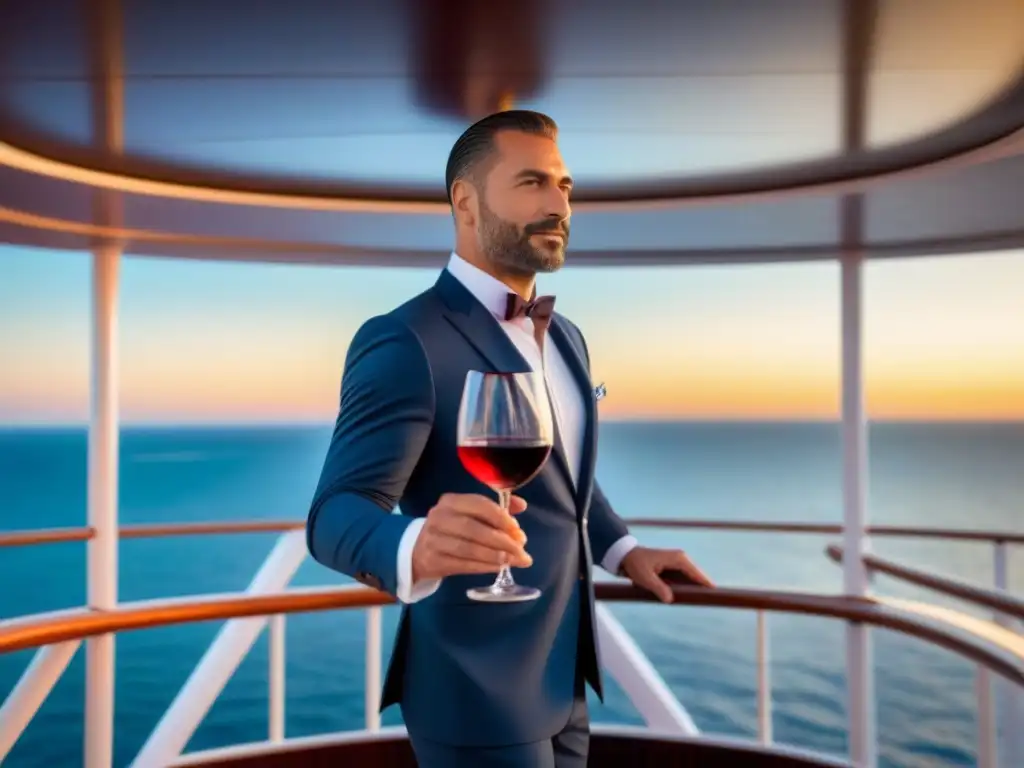 Un sommelier profesional elegante degustando vino tinto en un crucero al atardecer, evocando sofisticación y lujo