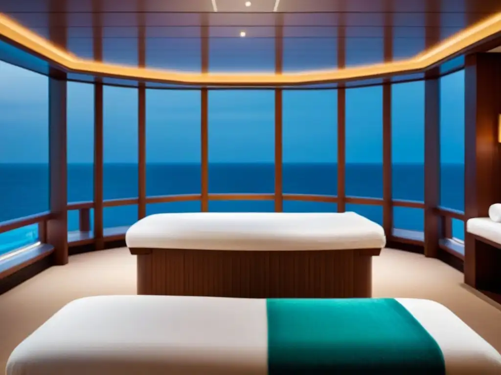 Un spa en un crucero, con diseño moderno, iluminación suave y toallas blancas