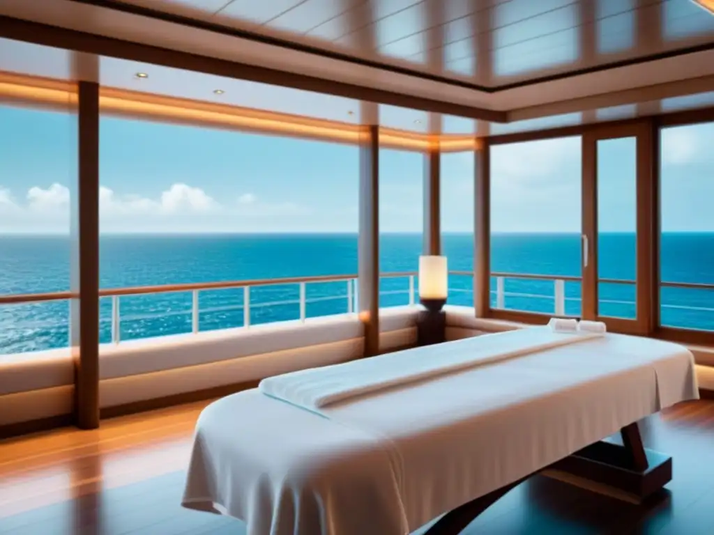 Un spa de crucero lujoso y sereno, con diseño minimalista y paleta de colores neutros