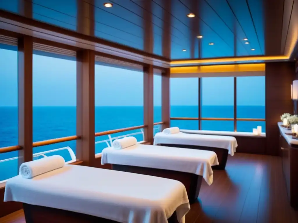 Un spa en un crucero de bienestar: diseño moderno, toallas blancas, mesas de masaje vacías y vista al mar calmado