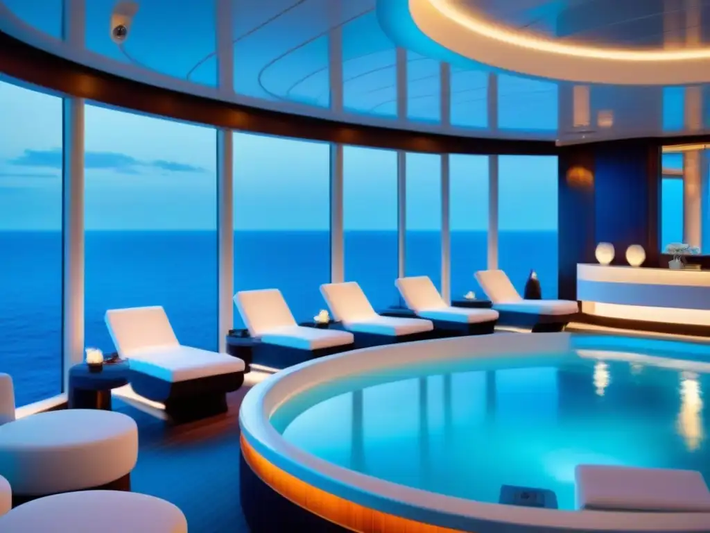 Spa en cruceros de bienestar: ambiente sereno con mobiliario blanco, iluminación suave y vista al mar, perfecto para relajarse