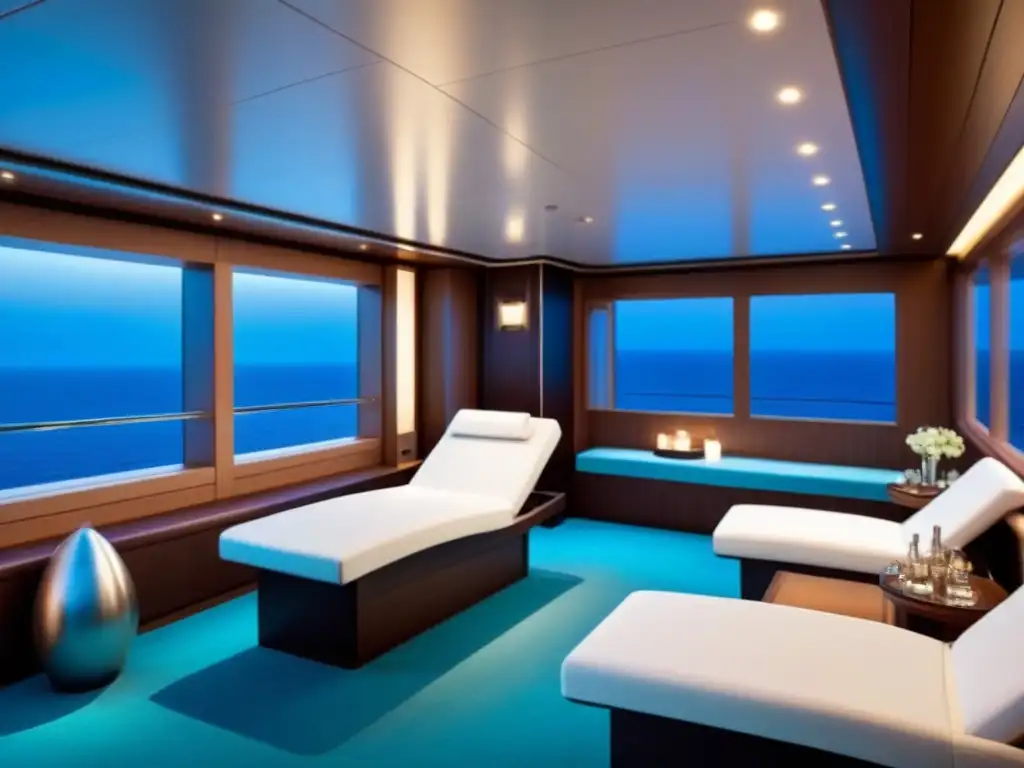 Un spa elegante en un crucero, con vista al mar y cielo azul