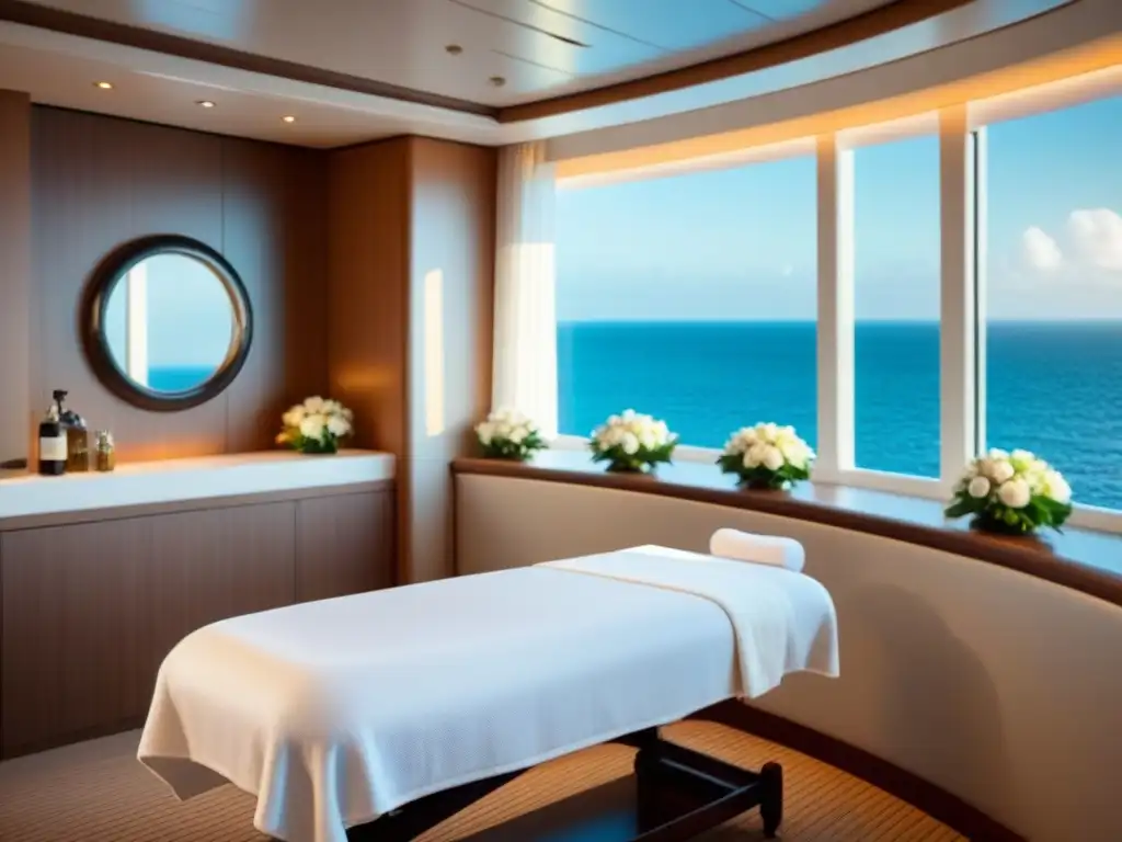 Un spa exclusivo a bordo de un crucero, con mesa de masajes, toalla blanca, flores frescas y vista al mar