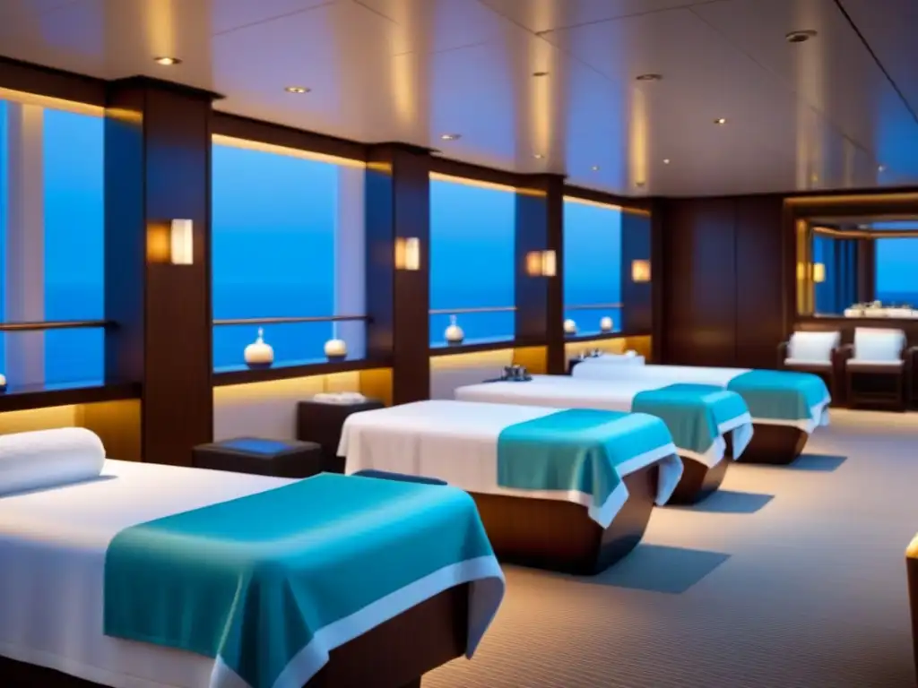 Spa exclusivo en crucero de lujo: decoración minimalista, toallas blancas apiladas y mesas de masaje elegantes