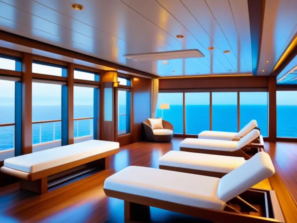 Spa exclusivo en crucero de lujo: decoración minimalista, toallas blancas, relax y sofisticación frente al mar