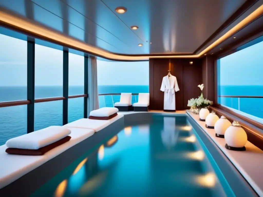 Spa de lujo en crucero: ambiente sereno y elegante con vistas al mar, batas blancas y productos ordenados