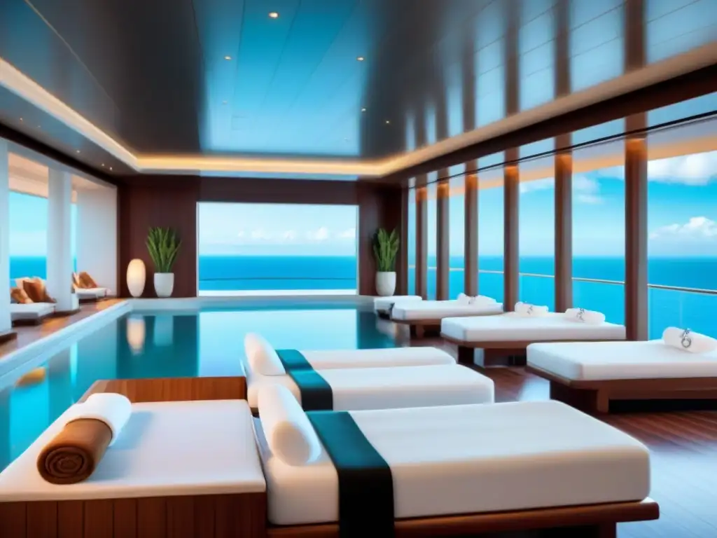 Spa de lujo en crucero: mármol blanco, toallas blancas y piscina infinita con vista al mar