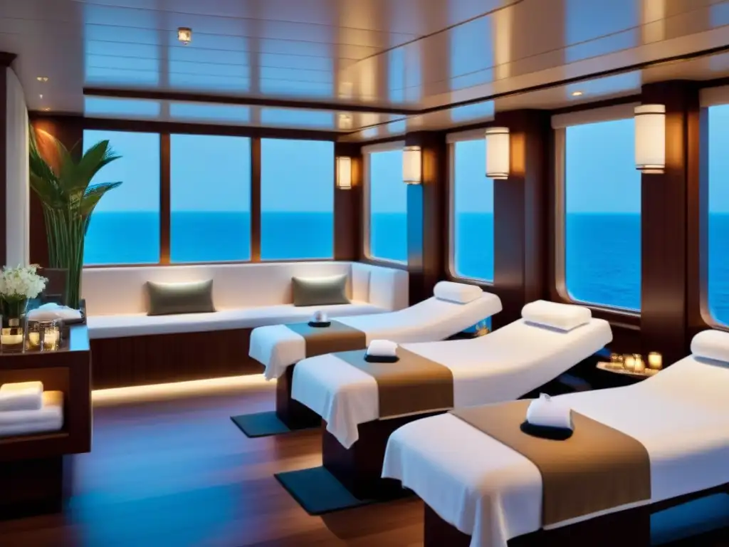 Spa de lujo en crucero: diseño minimalista, tonos neutros, toallas blancas apiladas, mesas de masajes y vista al mar