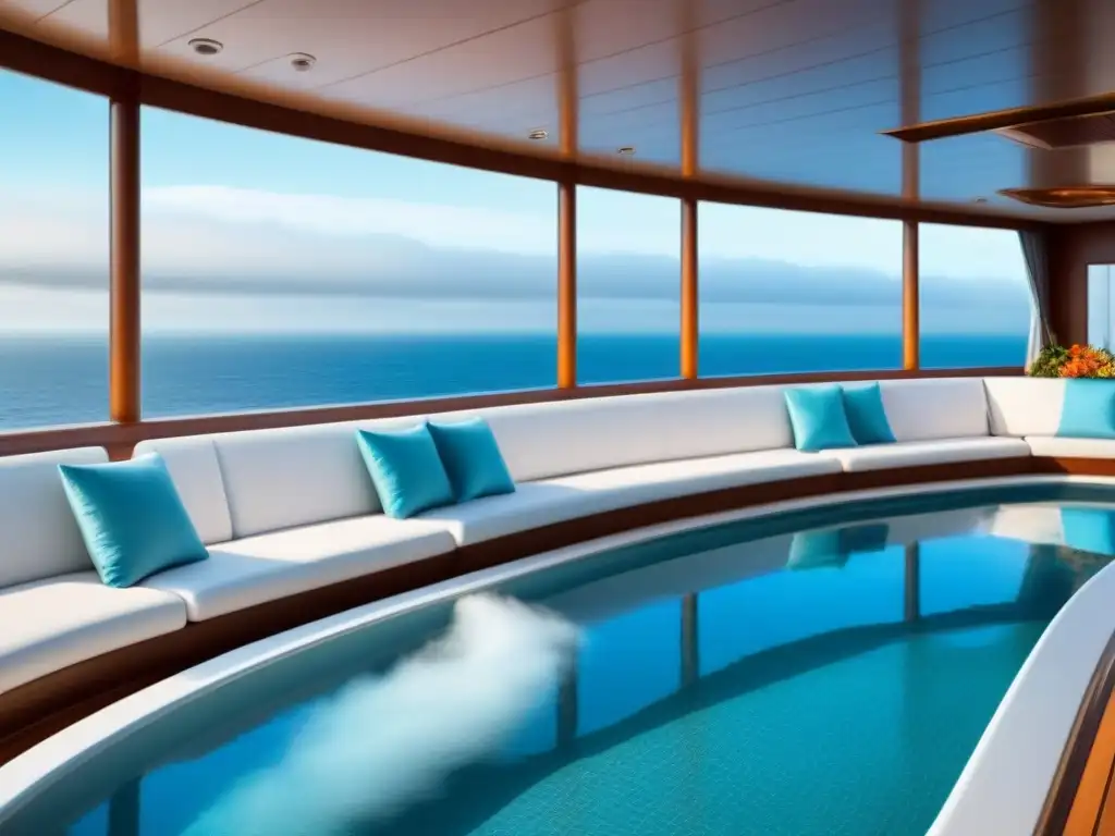 Un spa de lujo en un crucero, con diseño minimalista, decoración blanca y vista al mar