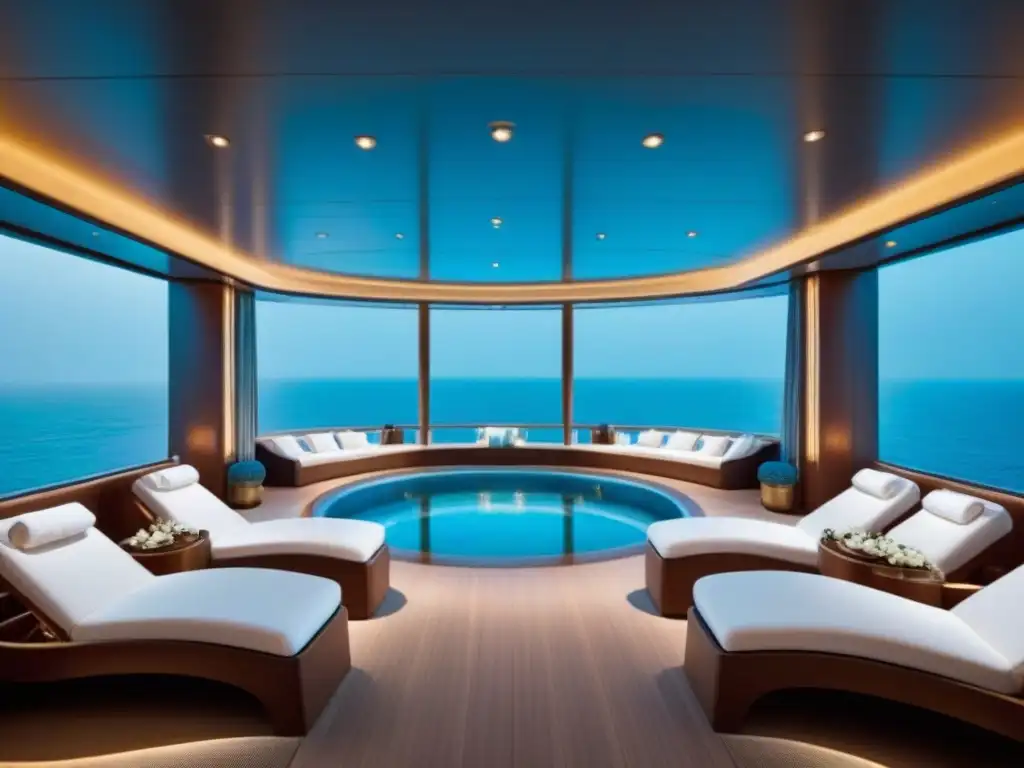 Spa de lujo en crucero: diseño moderno, iluminación relajante, vista al mar