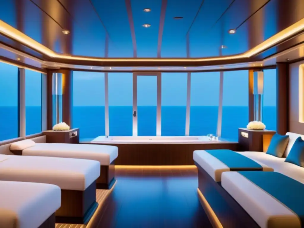 Spa de lujo en crucero: diseño moderno, tonos tierra, ventana al mar, exclusividad y tranquilidad