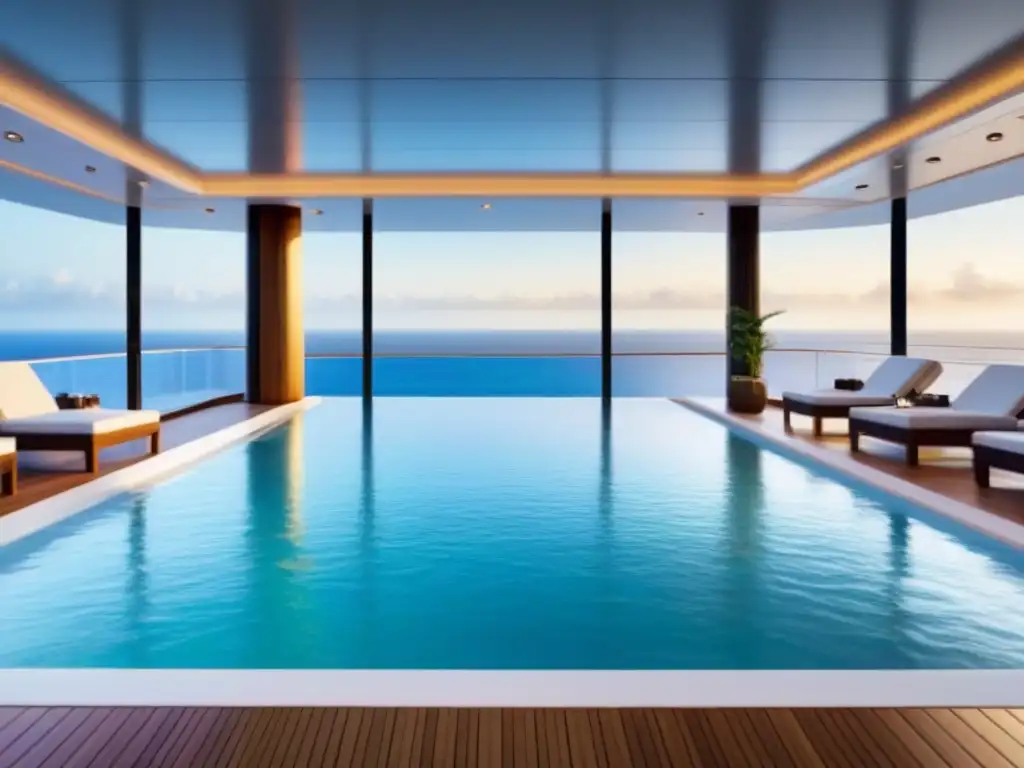Spa de lujo en crucero: piscina infinita serena y relajante Un spa de lujo en un crucero con piscina infinita y vista al mar al atardecer