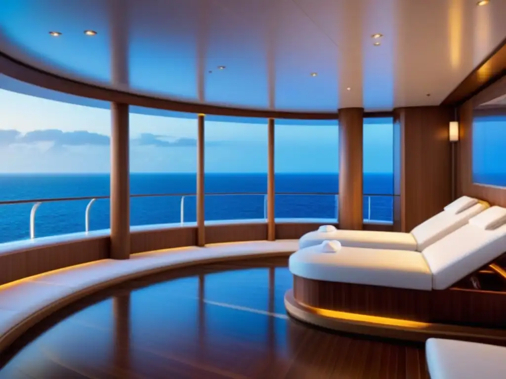 Spa de lujo en crucero con vista al mar, jacuzzi burbujeante y decoración elegante