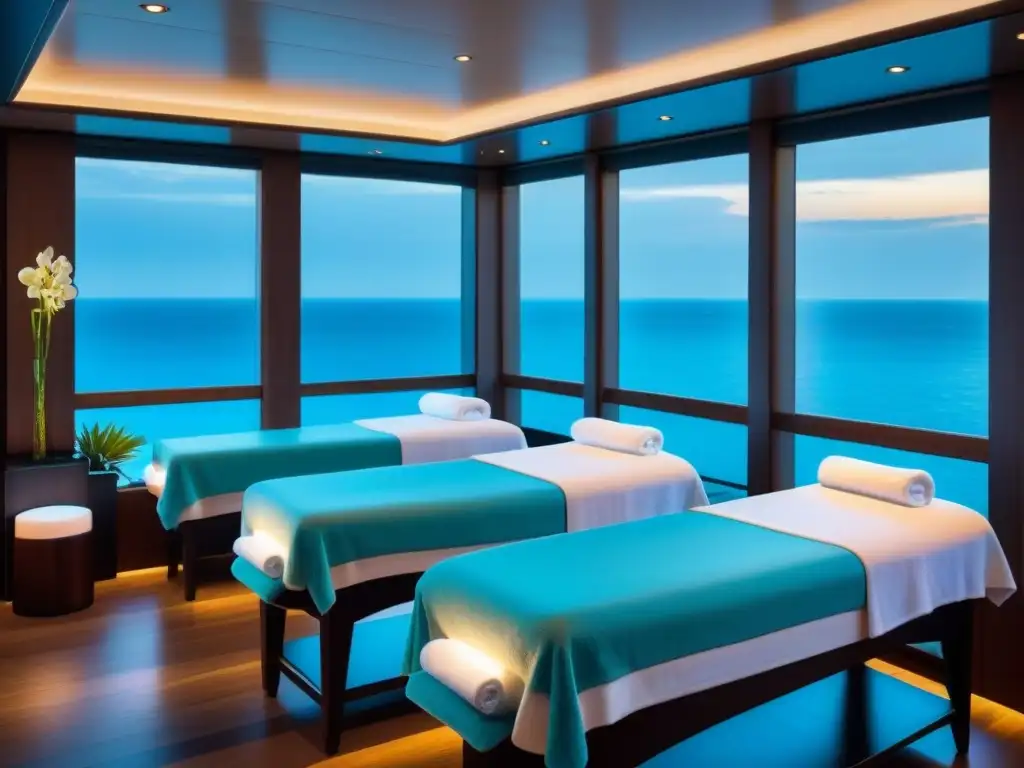 Spa lujoso en crucero con toallas blancas, masajes y orquídeas en un ambiente tranquilo