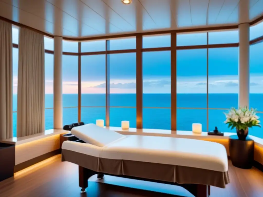 Spa en el mar crucero: ambiente sereno con vista al océano, mesa de masajes y flores frescas para una experiencia de lujo