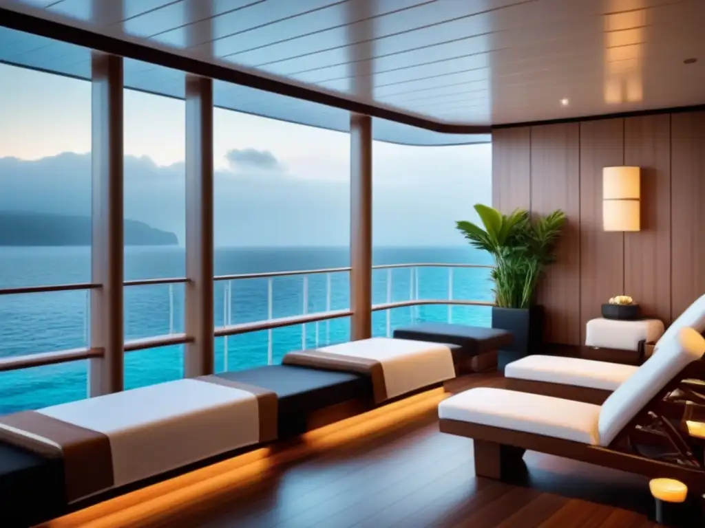 Un spa minimalista en un crucero con decoración relajante y vista al mar, ideal para historias de bienestar en cruceros