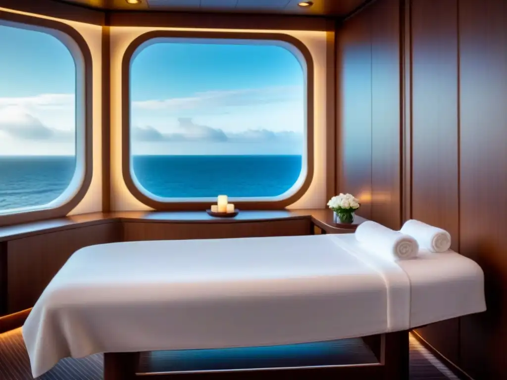 Un spa sereno en un crucero con diseño minimalista, tonos neutros y luz suave