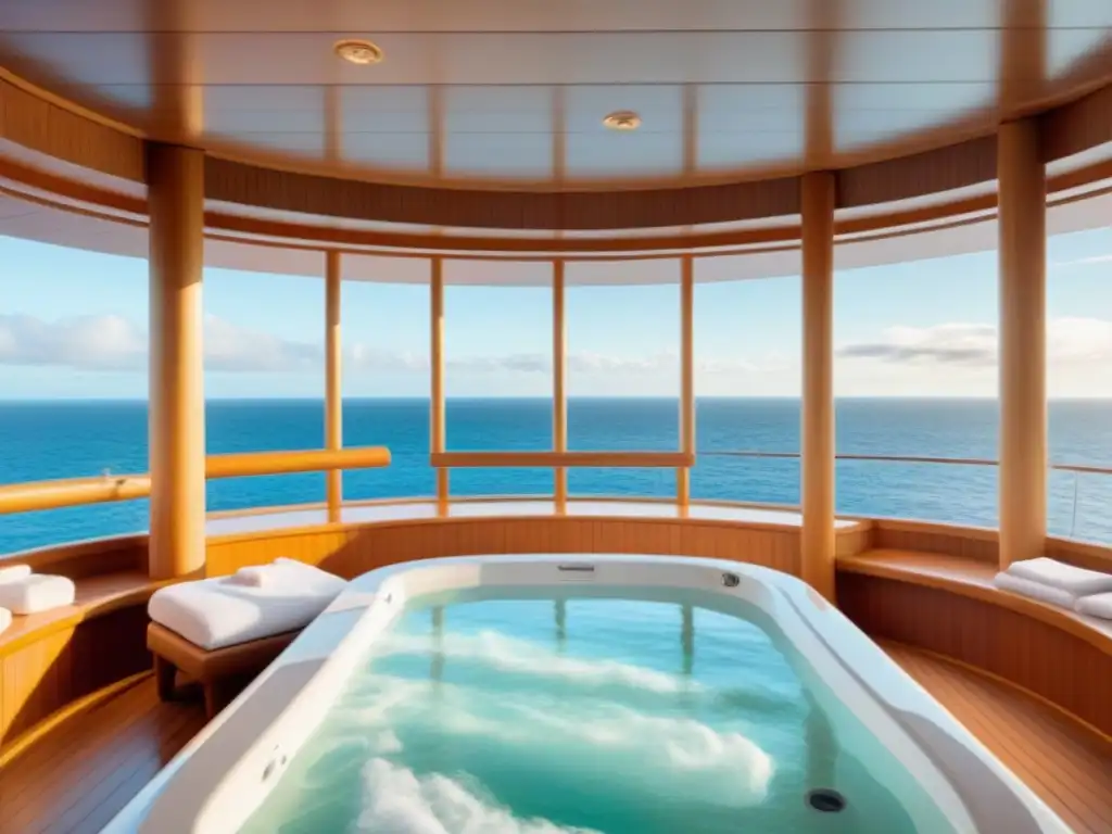 Un spa sereno en un crucero ecológico, con decoración minimalista y materiales sostenibles