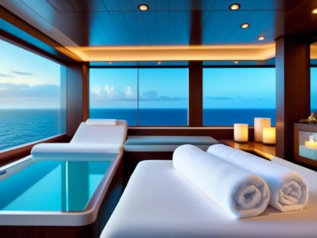 Spa sereno en crucero de lujo con decoración minimalista, toallas blancas y productos de spa