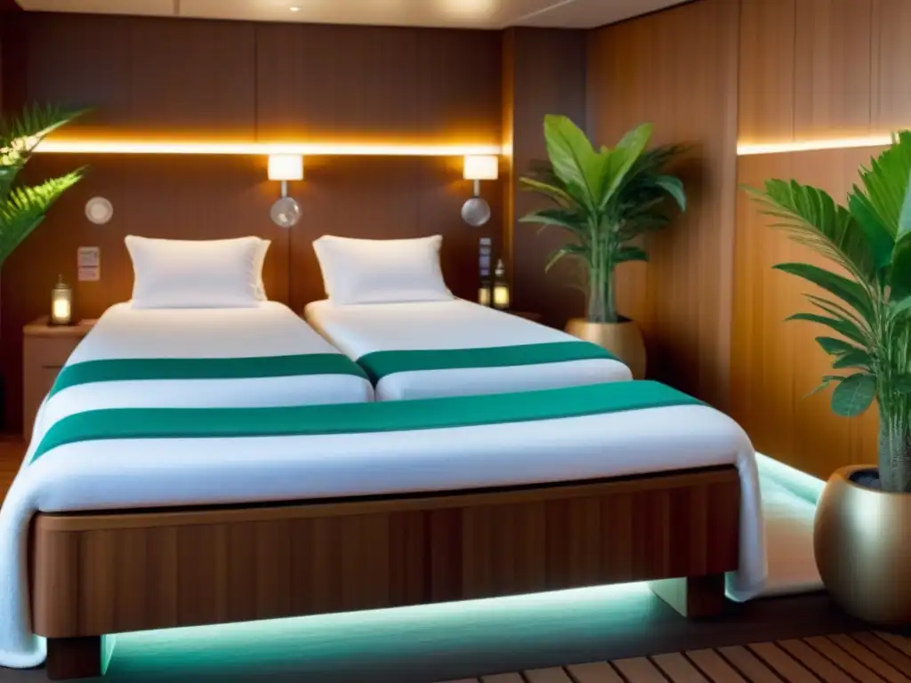 Un spa sereno y elegante en un lujoso crucero, con decoración minimalista, tonos neutros y suave iluminación