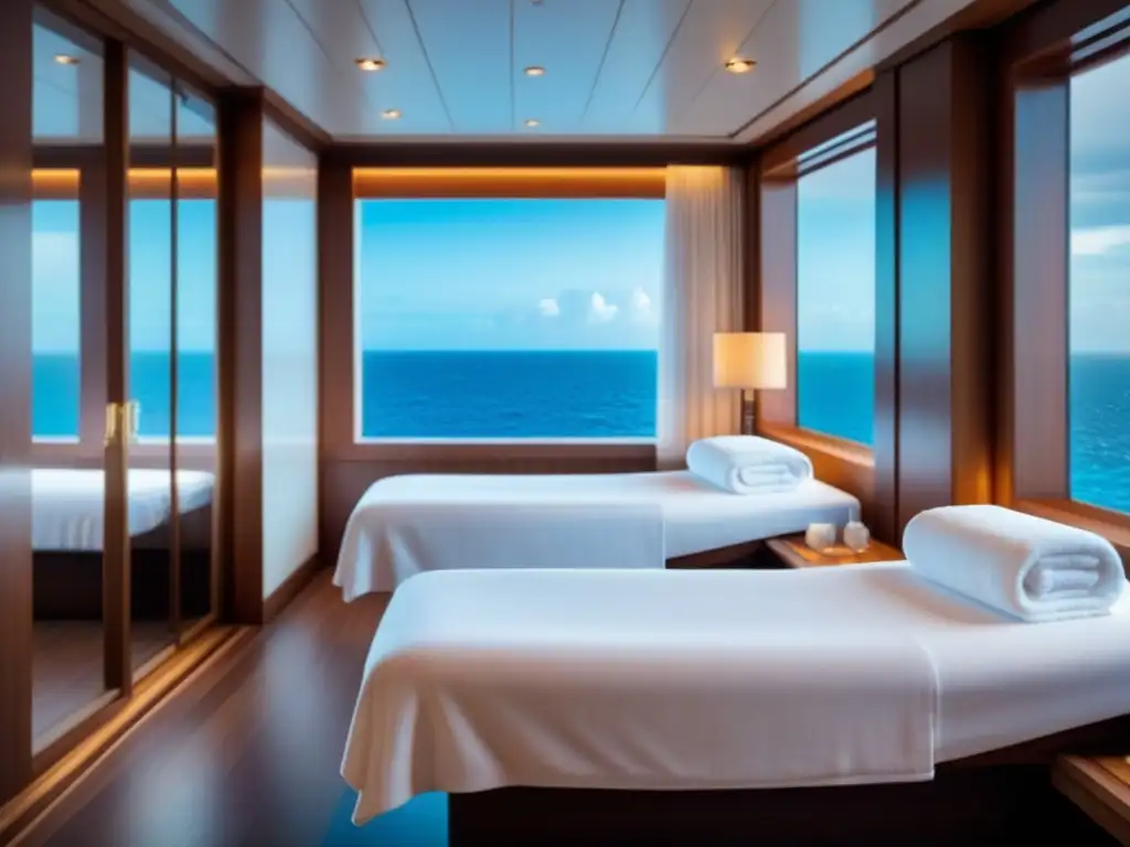 Un spa sereno en un lujoso crucero, con decoración minimalista, toallas blancas y masajes