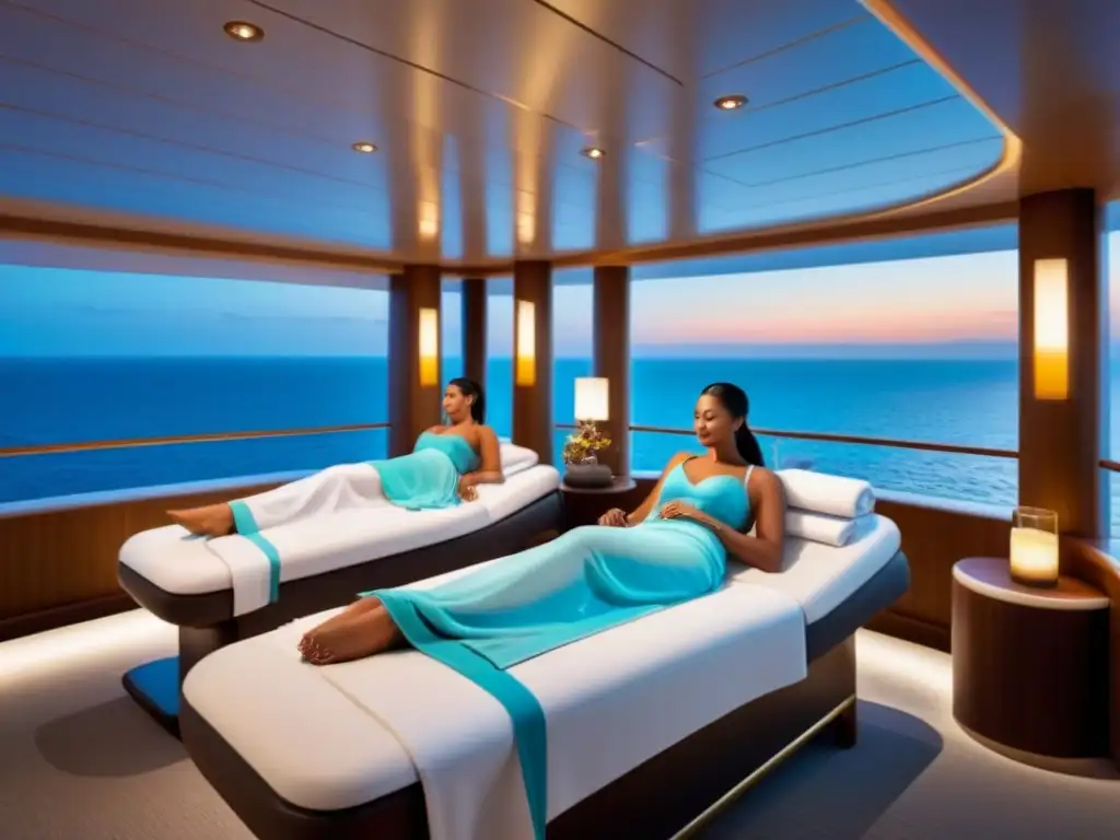 Un spa sereno en un lujoso crucero, con decoración minimalista, colores neutros y atmósfera tranquila