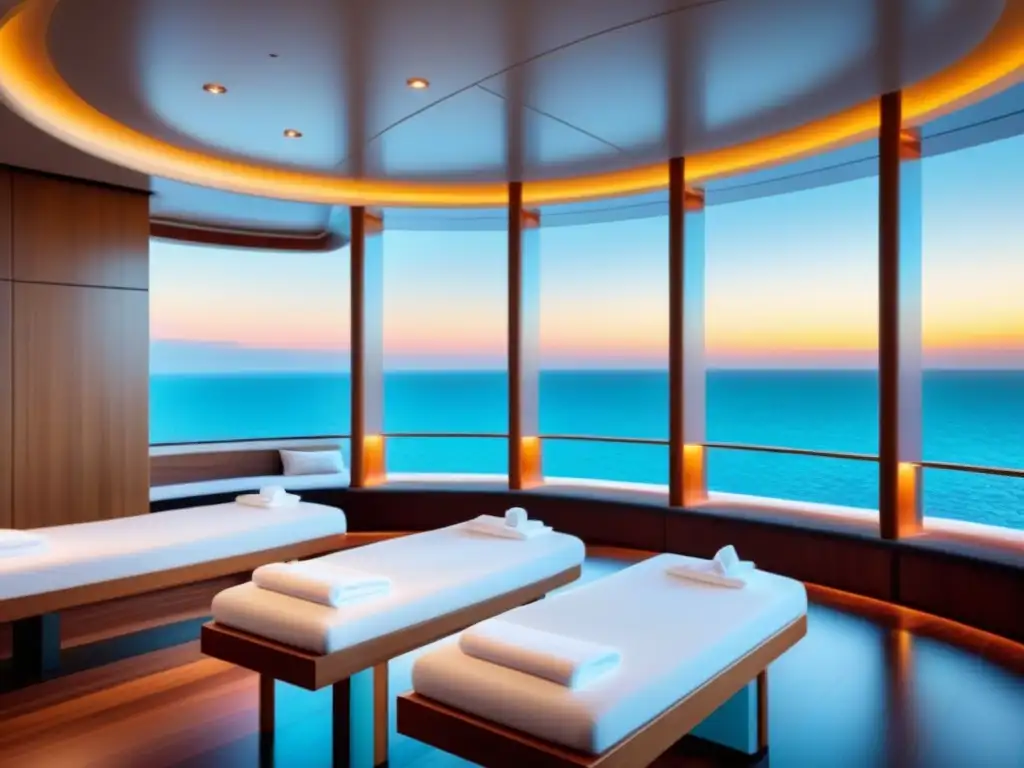 Un spa sereno y minimalista en un crucero de lujo, con diseño moderno y toallas blancas