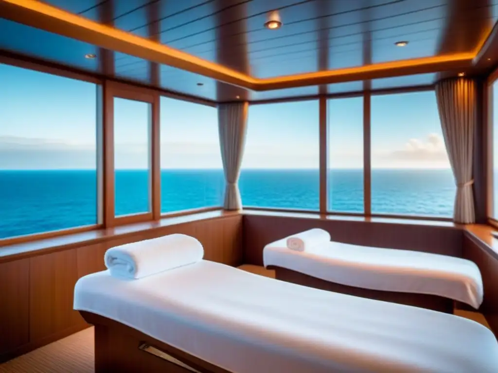 Un spa tranquilo en un crucero, con iluminación suave y toallas apiladas, invita a la relajación