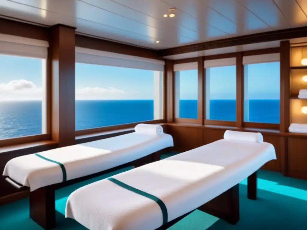 Un spa tranquilo en un crucero, con toallas blancas apiladas, mesas de masaje vacías y vista al mar