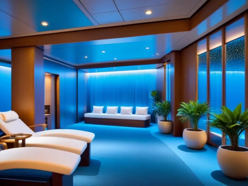 Un spa tranquilo en un lujoso crucero de bienestar rejuvenecen, con decoración minimalista en tonos suaves