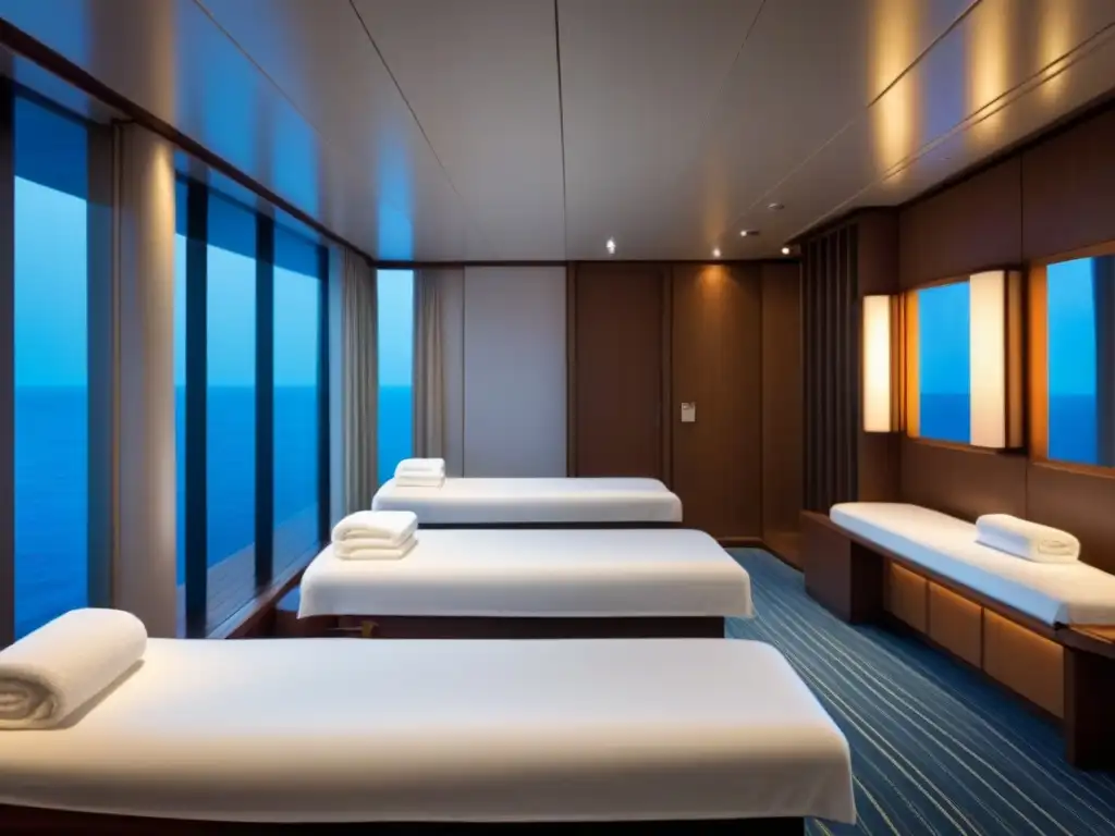 Un spa tranquilo y minimalista en un crucero, con diseño elegante, iluminación suave y toallas mullidas, ¡beneficios de spas en cruceros!