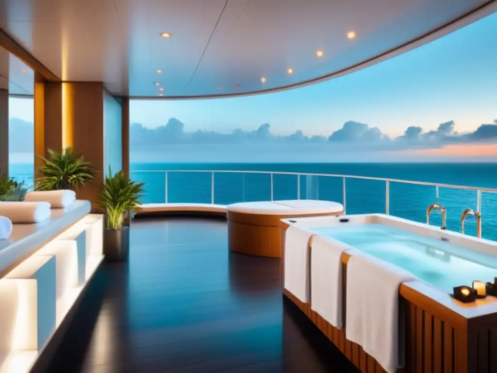 Spa moderno en crucero: elegancia frente al mar Spas en cruceros redefiniendo relax: elegante spa minimalista en un barco, con vista al mar y toallas blancas apiladas
