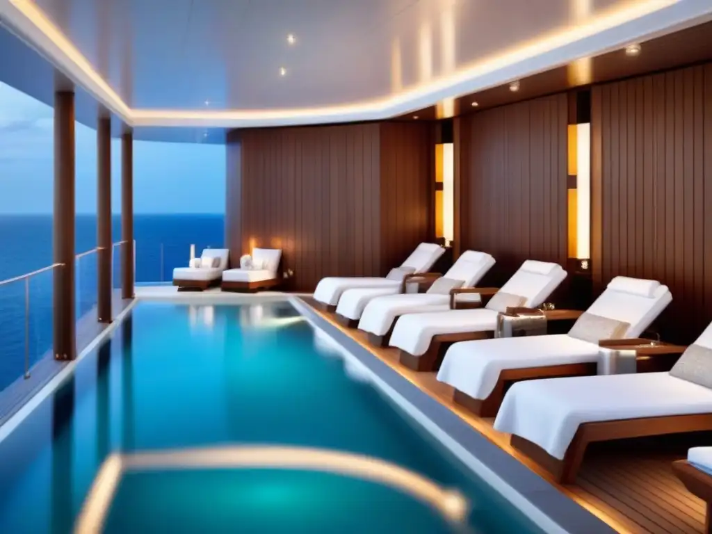 Spa de lujo en crucero: tranquilidad y sofisticación Spas en cruceros redefiniendo relax: lujoso spa con diseño minimalista, mármol blanco, toallas blancas y piscina infinita