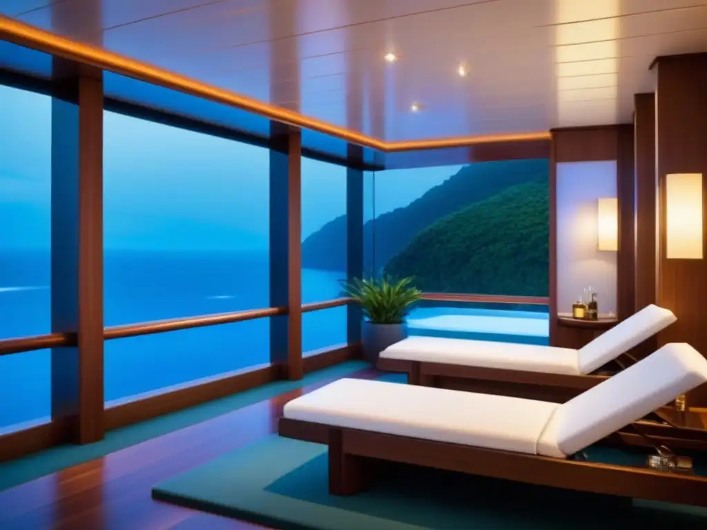 Spa de crucero: oasis de relajación y lujo Descubre spas en cruceros redefiniendo relax: oasis sereno a bordo con iluminación suave, cómodos asientos y exuberante vegetación