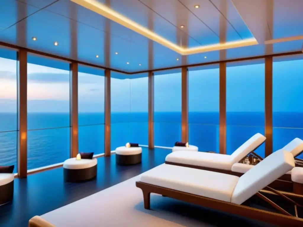 Spa de lujo en crucero: oasis de tranquilidad y sofisticación Spas en cruceros redefiniendo relax: Un spa lujoso en un crucero, con elegantes tumbonas blancas, iluminación suave y vistas al mar