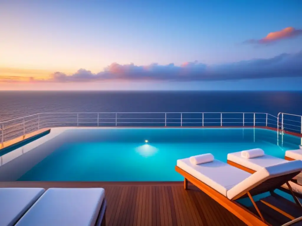Spa de lujo en crucero: relax y vistas al mar Spas en cruceros redefiniendo relax: Deck de spa lujoso con piscina infinita, sillas blancas y atardecer brillante sobre el mar