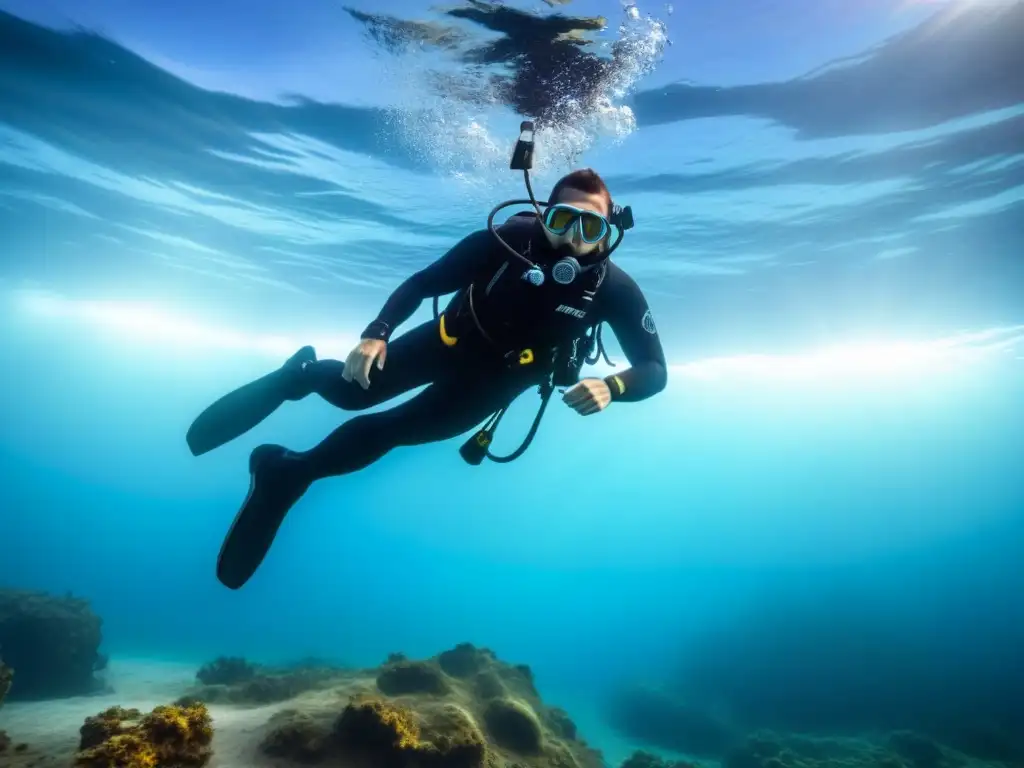 Exploración submarina en aguas frías: buzo solitario en traje de buceo negro descendiendo hacia un naufragio