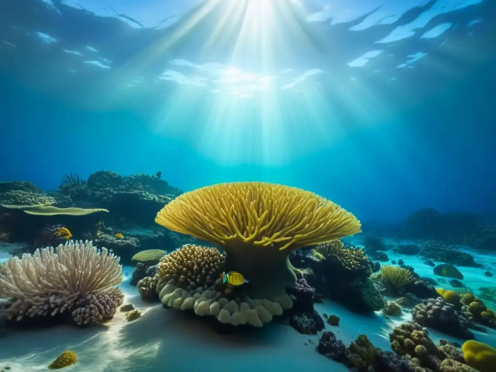 Exploración submarina en un arrecife de coral vibrante bajo la luz del sol, un mundo mágico de colores y vida marina