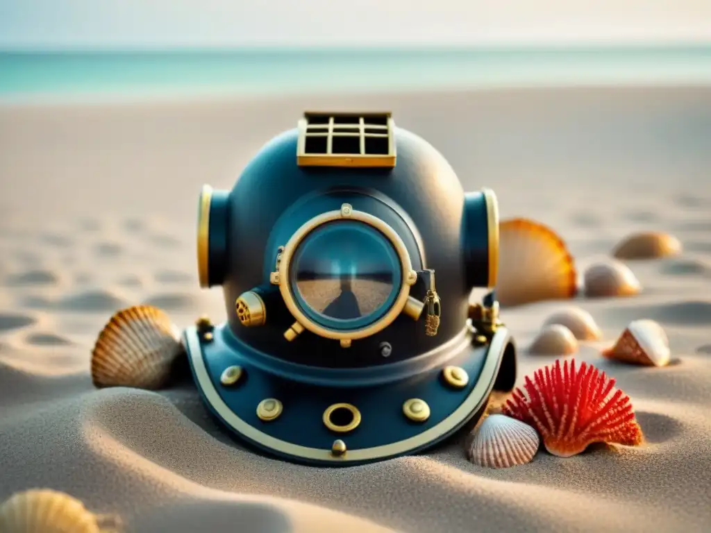 Exploración submarina en blanco y negro con casco de buceo vintage, cofre hundido y seashells