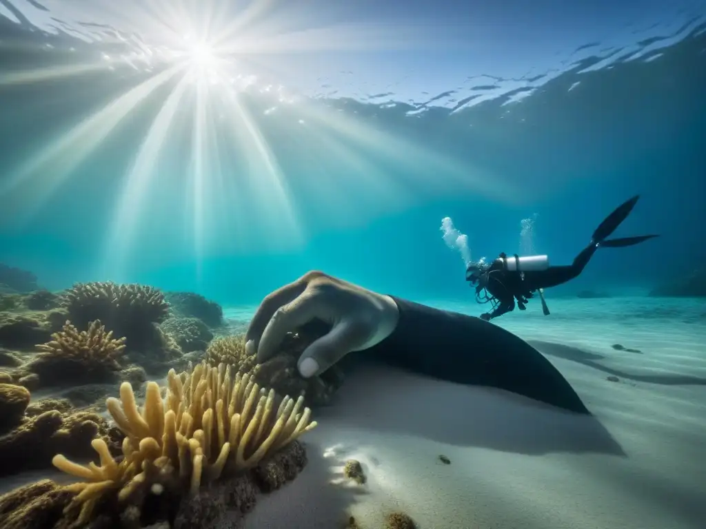 Exploración submarina en blanco y negro: mano del buceador descubre antiguo artefacto entre rayos de luz