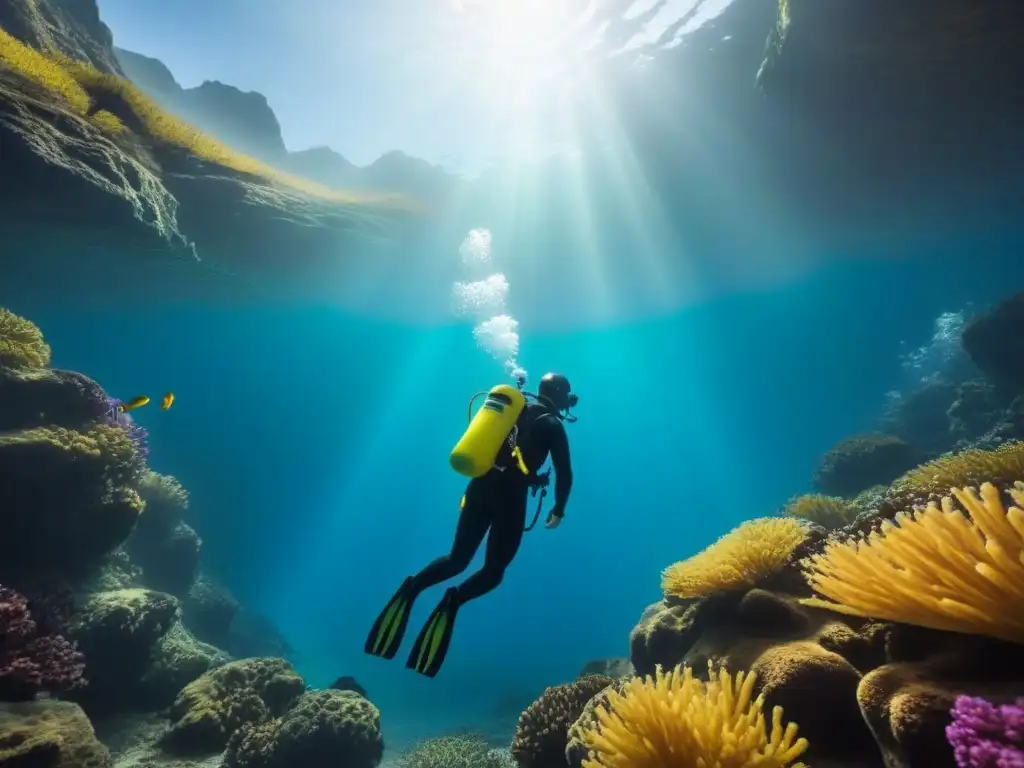 Exploración submarina en alta montaña, buceo en altitud desafíos, luz y sombras en el fondo marino