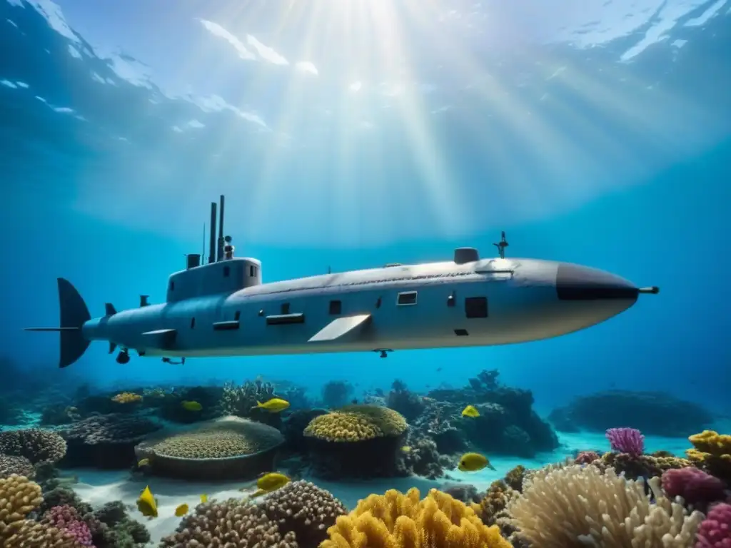 Exploración submarina en busca del tesoro en el mar, rodeado de coloridos peces y arrecifes de coral, bajo la luz del sol filtrada