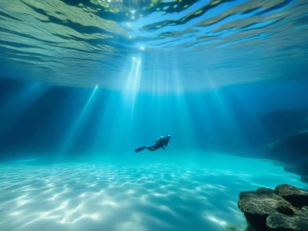 Fotografía submarina en cenotes: Detalle de un cenote cristalino con formaciones rocosas y peces nadando