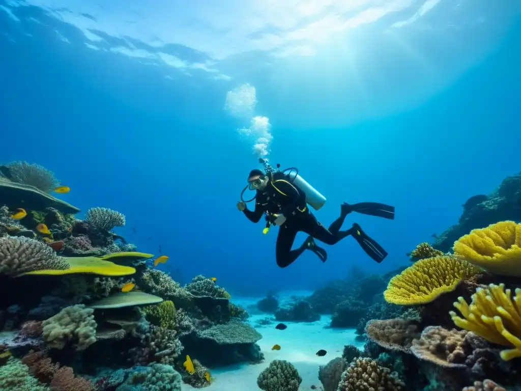 Exploración submarina con compañero de buceo seguro admirando arrecife de coral vibrante y peces coloridos