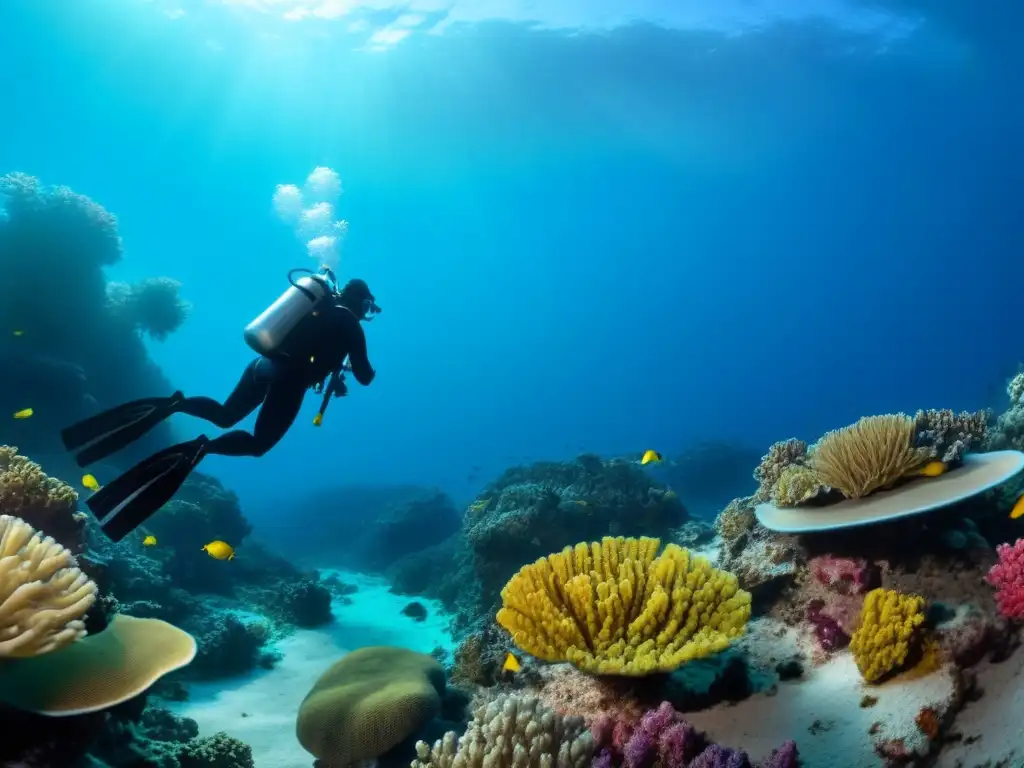 Exploración submarina con compañero de buceo seguro en arrecife de coral vibrante y peces coloridos