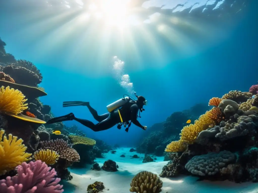 Fotografía submarina en condiciones de poca luz: Buceador solitario surcando aguas cristalinas rodeado de vida marina y corales vibrantes