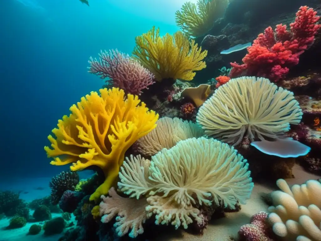 Una fotografía submarina en condiciones de poca luz muestra un vibrante arrecife de coral iluminado por un suave haz de luz, revelando la belleza de la vida marina y la naturaleza en un ambiente sereno y detallado