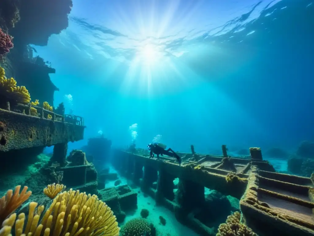 Exploración submarina en cruceros: Buzo solitario en antiguo barco hundido rodeado de arrecifes de coral vibrantes