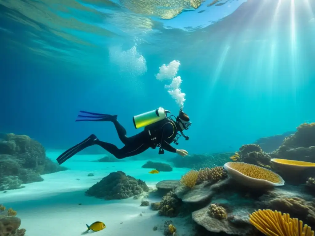 Exploración submarina en las mejores expediciones arqueología subacuática: arqueólogo documentando artefactos antiguos rodeado de aguas turquesas